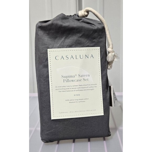 Casaluna Supima Cotton Sateen Dark Gray 2 Pillowcase Set King Size 20" x 40" - Picture 2 of 6